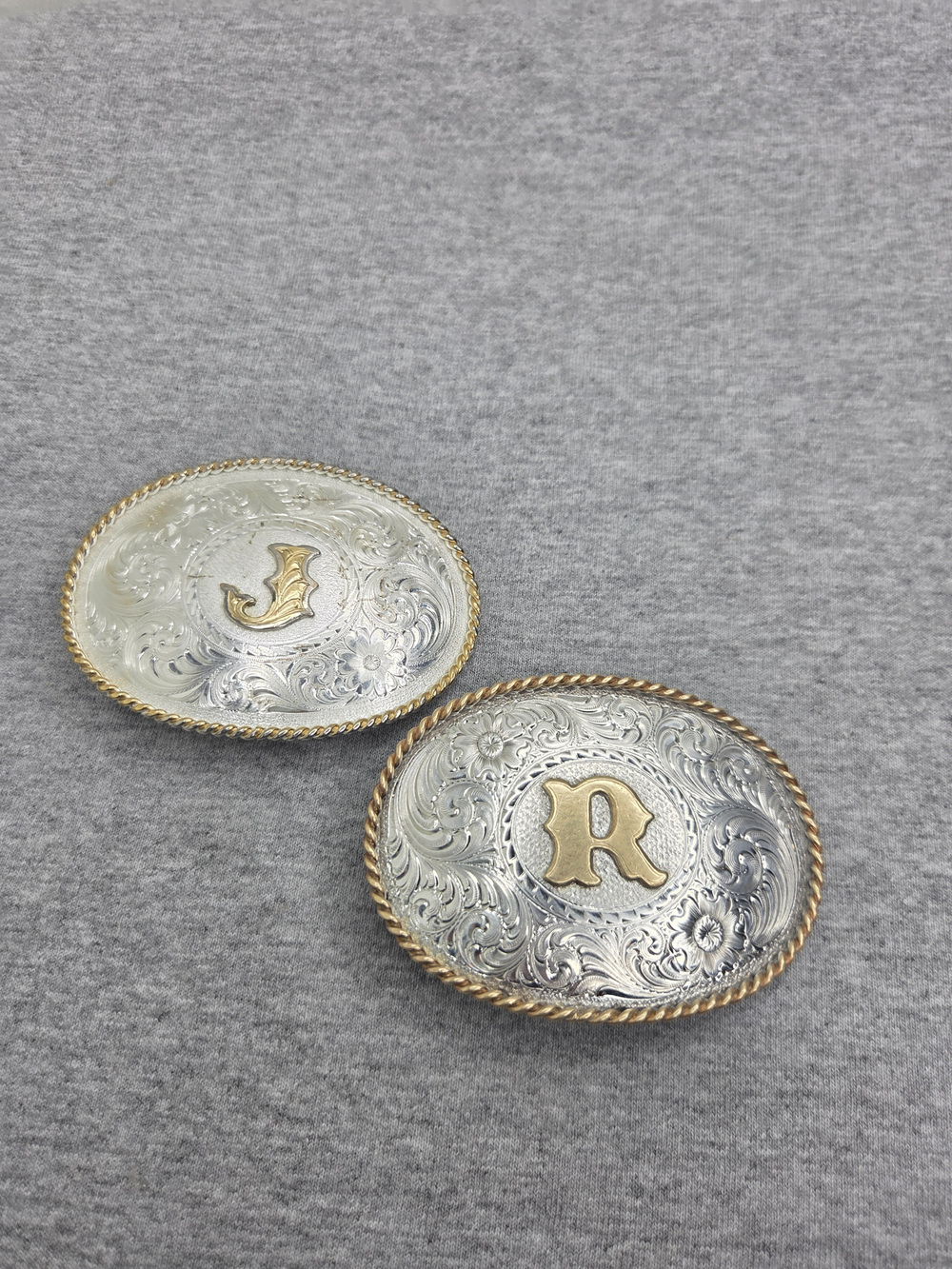 Lot of 2 Montana Silversmiths Initials J and R Southwestern Belt Buckles
